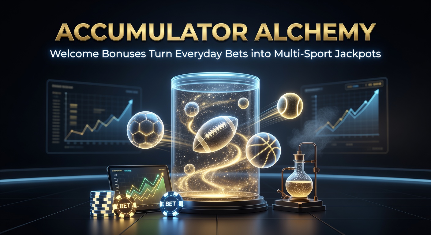 Vibrant digital illustration showing a cluster of sports icons like soccer balls, tennis rackets, and basketballs merging into a glowing golden jackpot pot, symbolizing accumulator bet transformations boosted by welcome bonuses