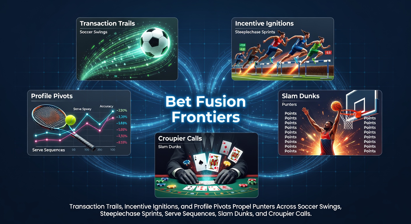 Digital graphic showing interconnected betting icons from soccer balls and horse tracks to tennis rackets, basketball hoops, and roulette wheels linked by payment trails and bonus sparks