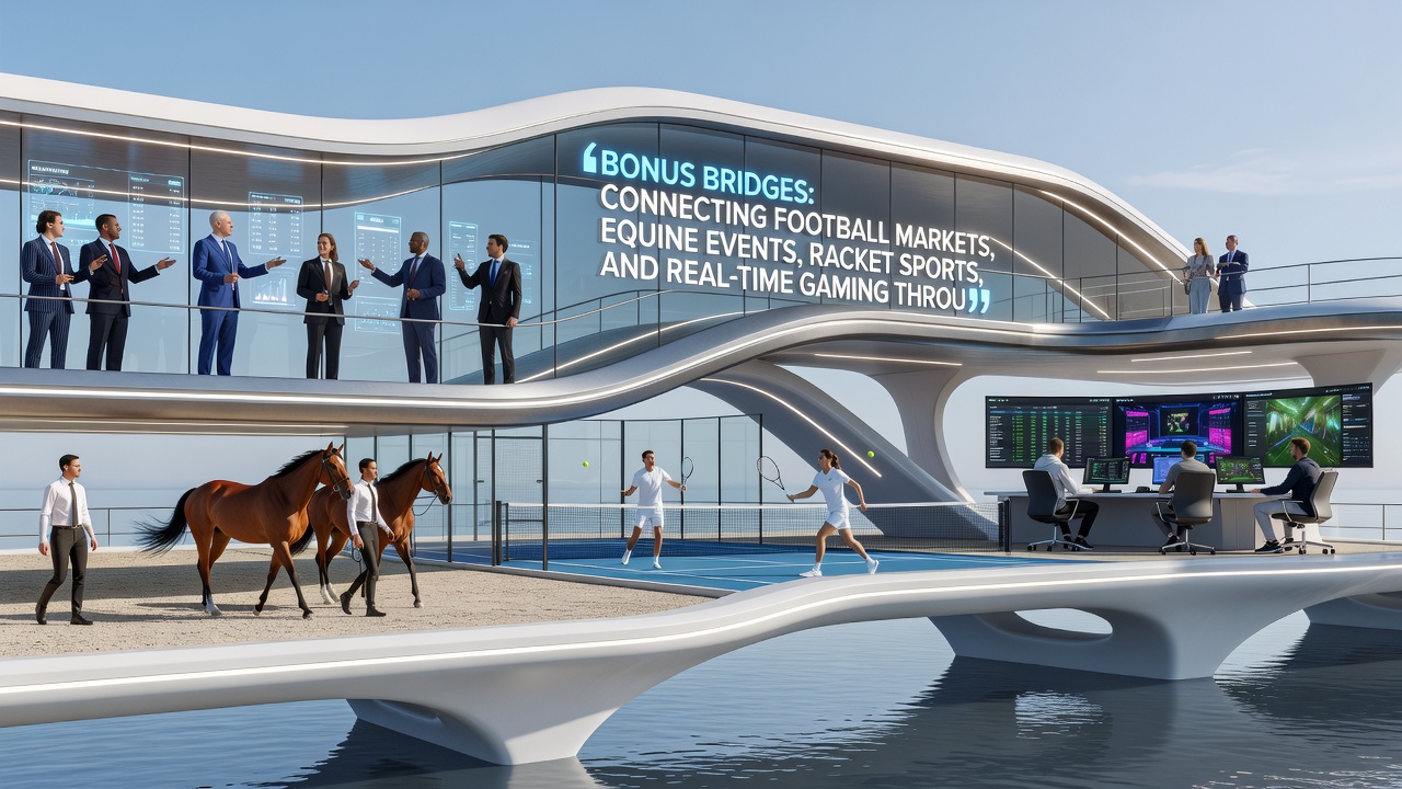 Mobile screen displaying seamless transfer of bonuses between football, equine racing, tennis, and live casino games via login and deposit features