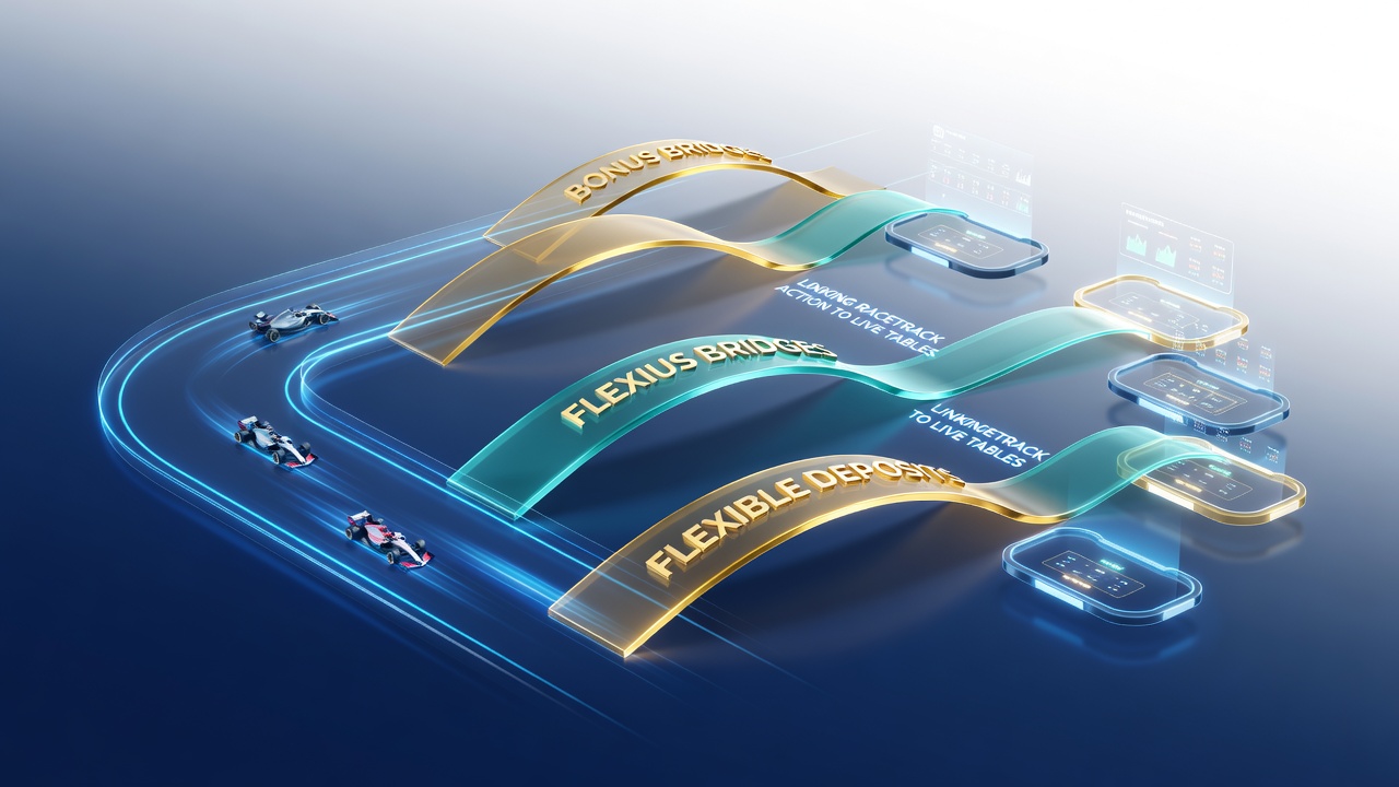 Illustration showing seamless transitions between racetrack betting interfaces and live casino table games with deposit flow indicators