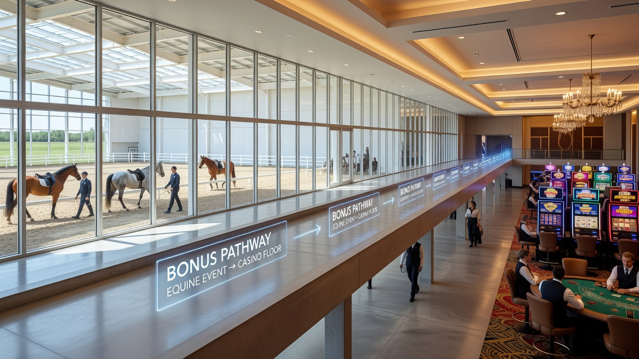 Illustration showing bonus pathways transitioning from horse racing events to casino floor activities