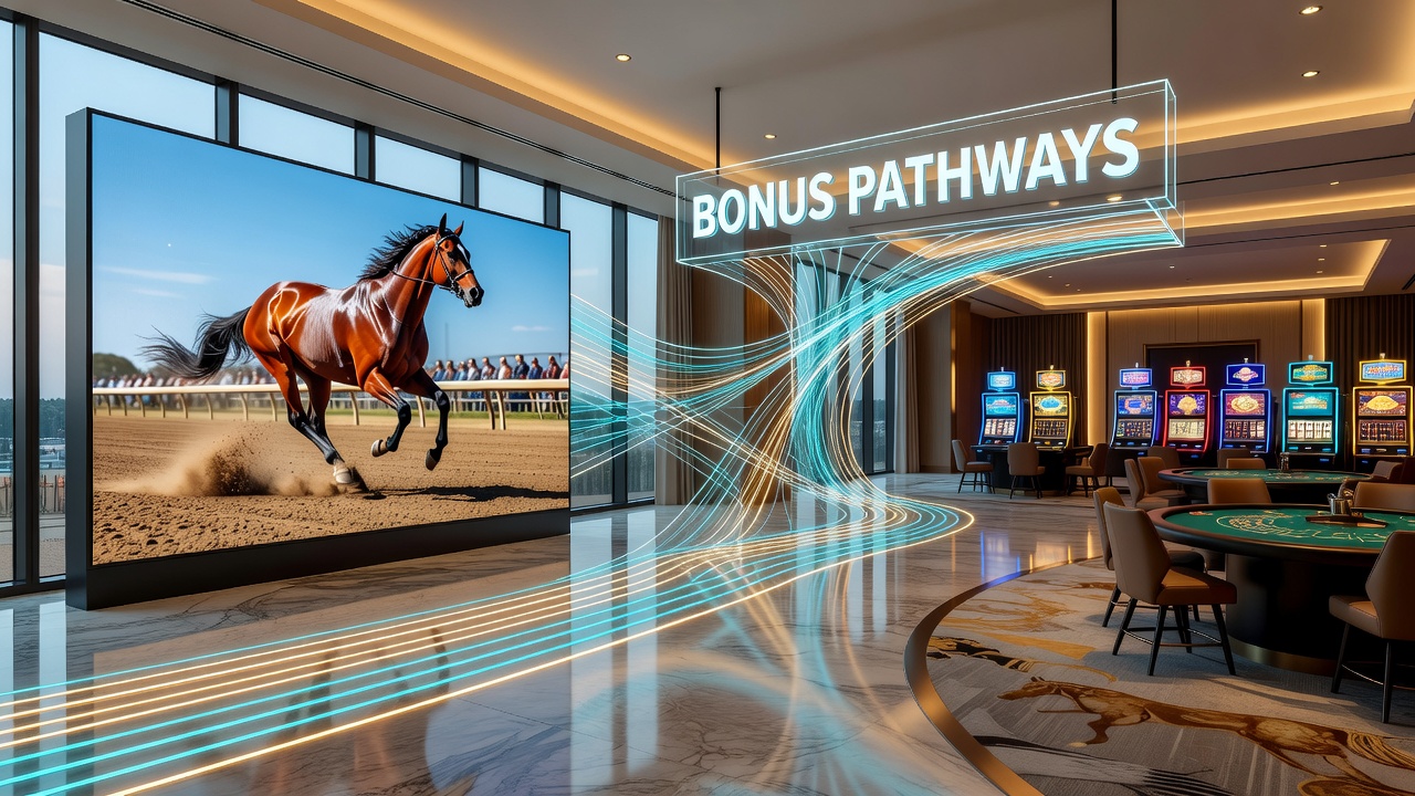 Diagram of mobile interface displaying equine event bonuses converting into casino floor access