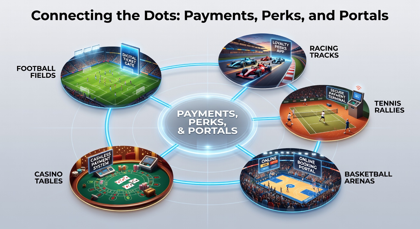Dynamic graphic showing interconnected icons of soccer balls, race cars, tennis rackets, basketballs, and casino chips linked by digital payment streams and bonus trails
