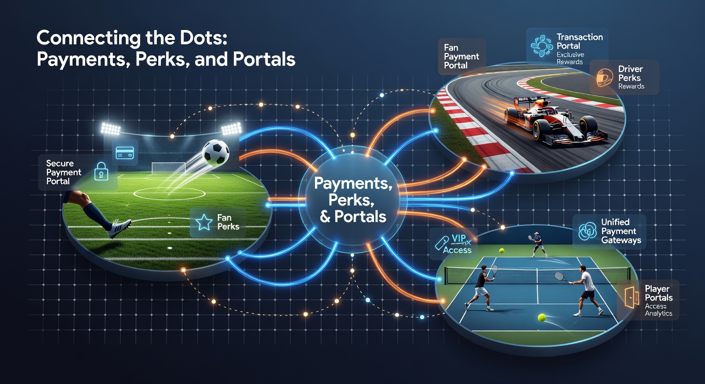 Infographic depicting payment flows, bonus chains, and app portals connecting sports icons to casino elements with growth arrows and stats overlays