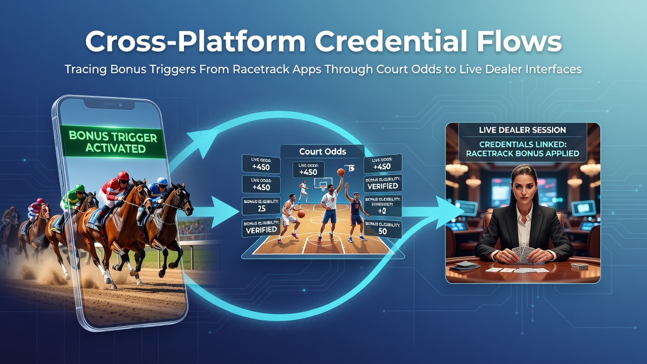 Cross-platform credential flow diagram showing data movement from racetrack apps to live dealer interfaces