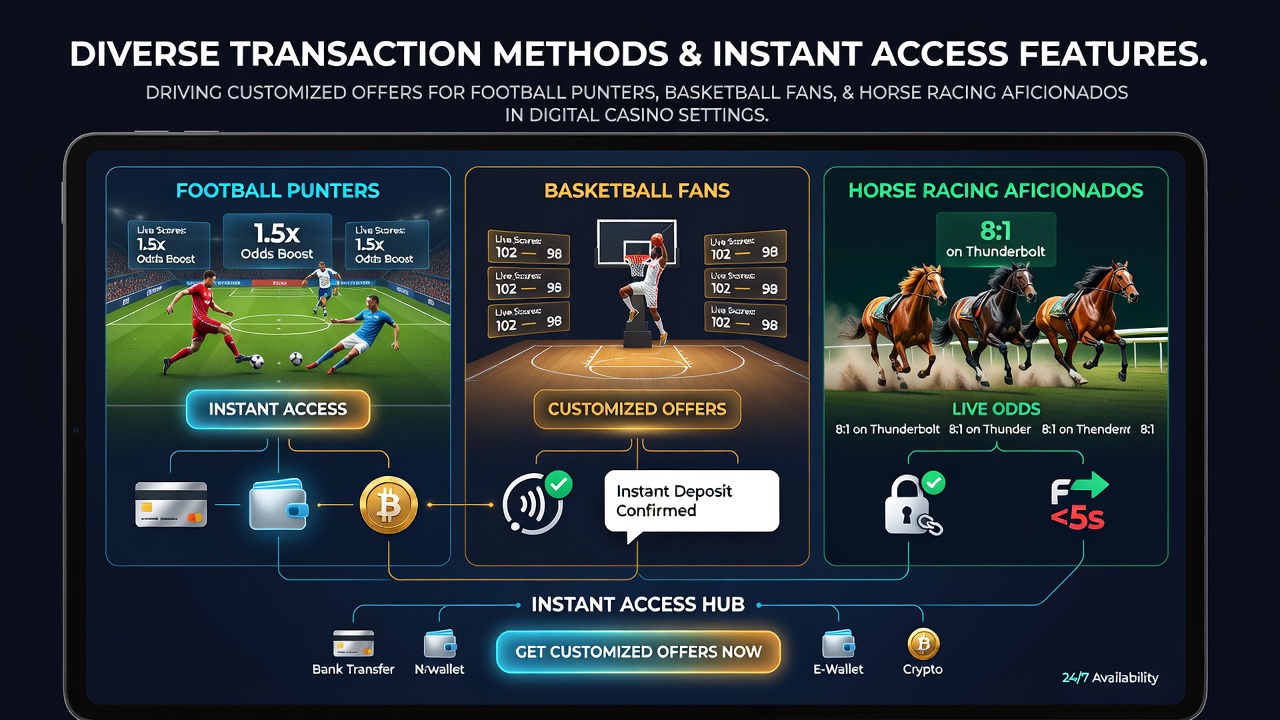 Digital transaction interfaces showing multiple payment options alongside sports betting interfaces for football and basketball
