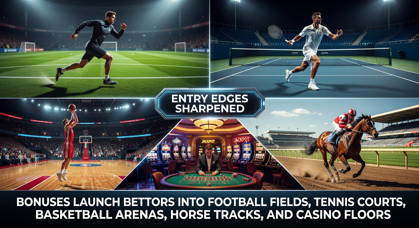 Dynamic scene of bettors diving into football matches, tennis volleys, basketball dunks, horse races, and casino spins, all sparked by glowing bonus icons