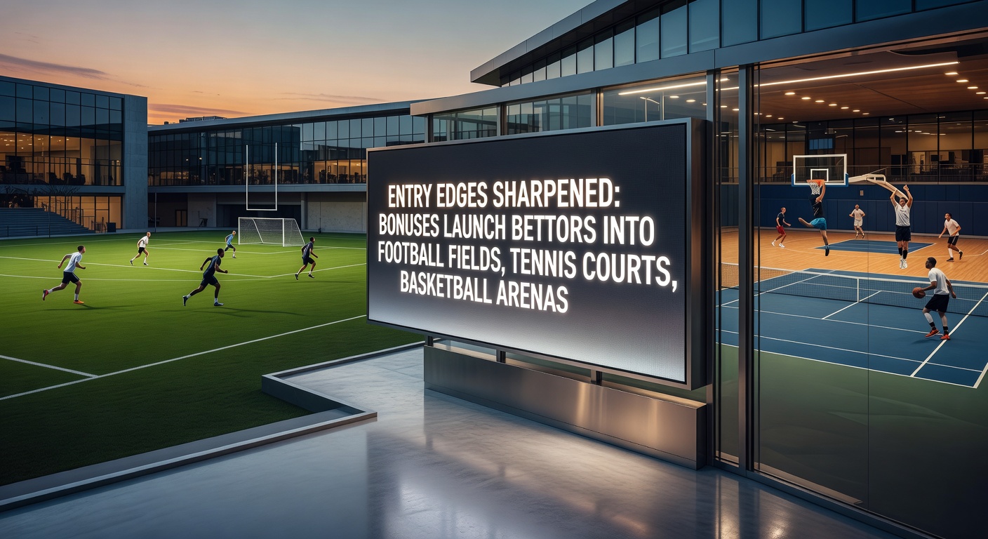 Tennis player smashing a forehand amid overlaid bonus notifications and betting slips transitioning to basketball and casino interfaces