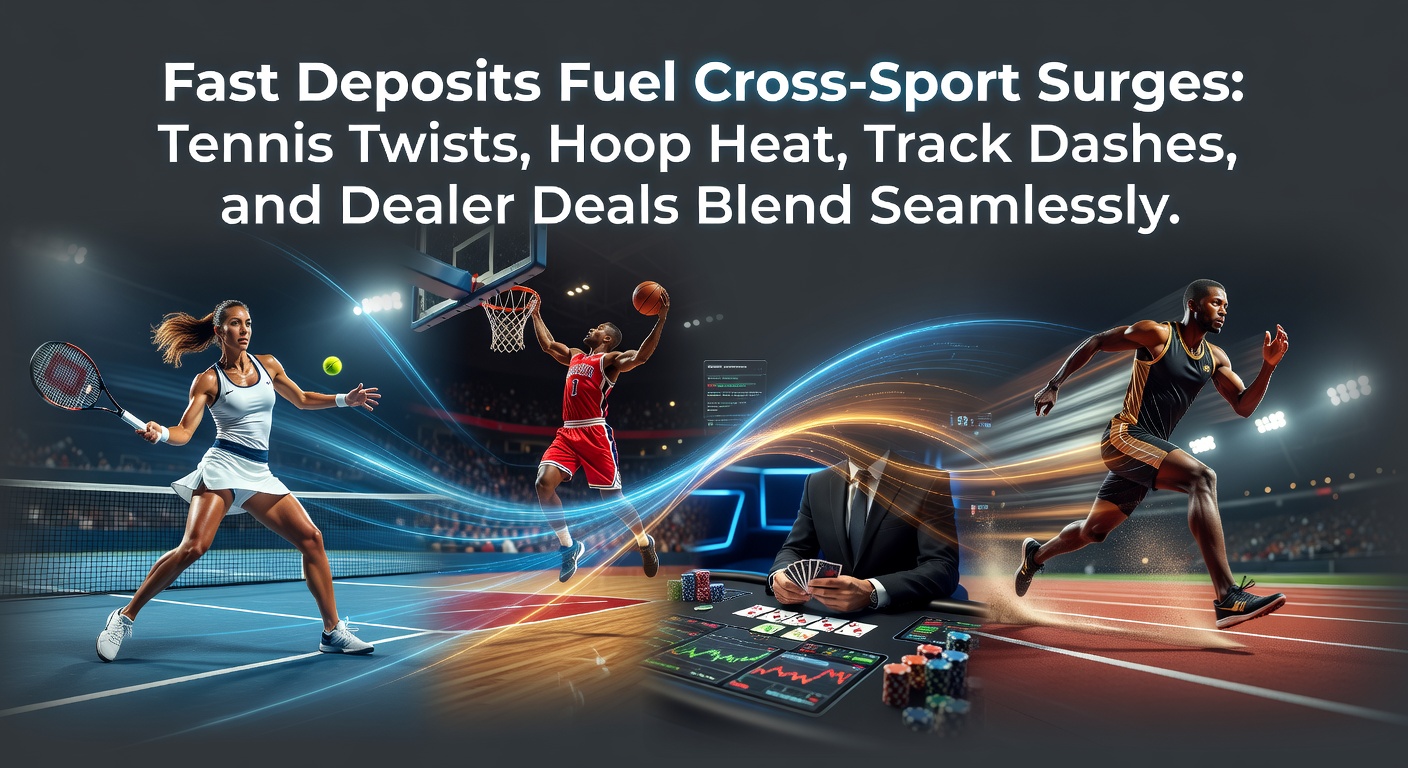 Dynamic collage showing tennis players mid-serve, basketball slam dunks, track sprinters crossing the finish line, and live casino dealers shuffling cards, all linked by glowing payment icons representing seamless deposits