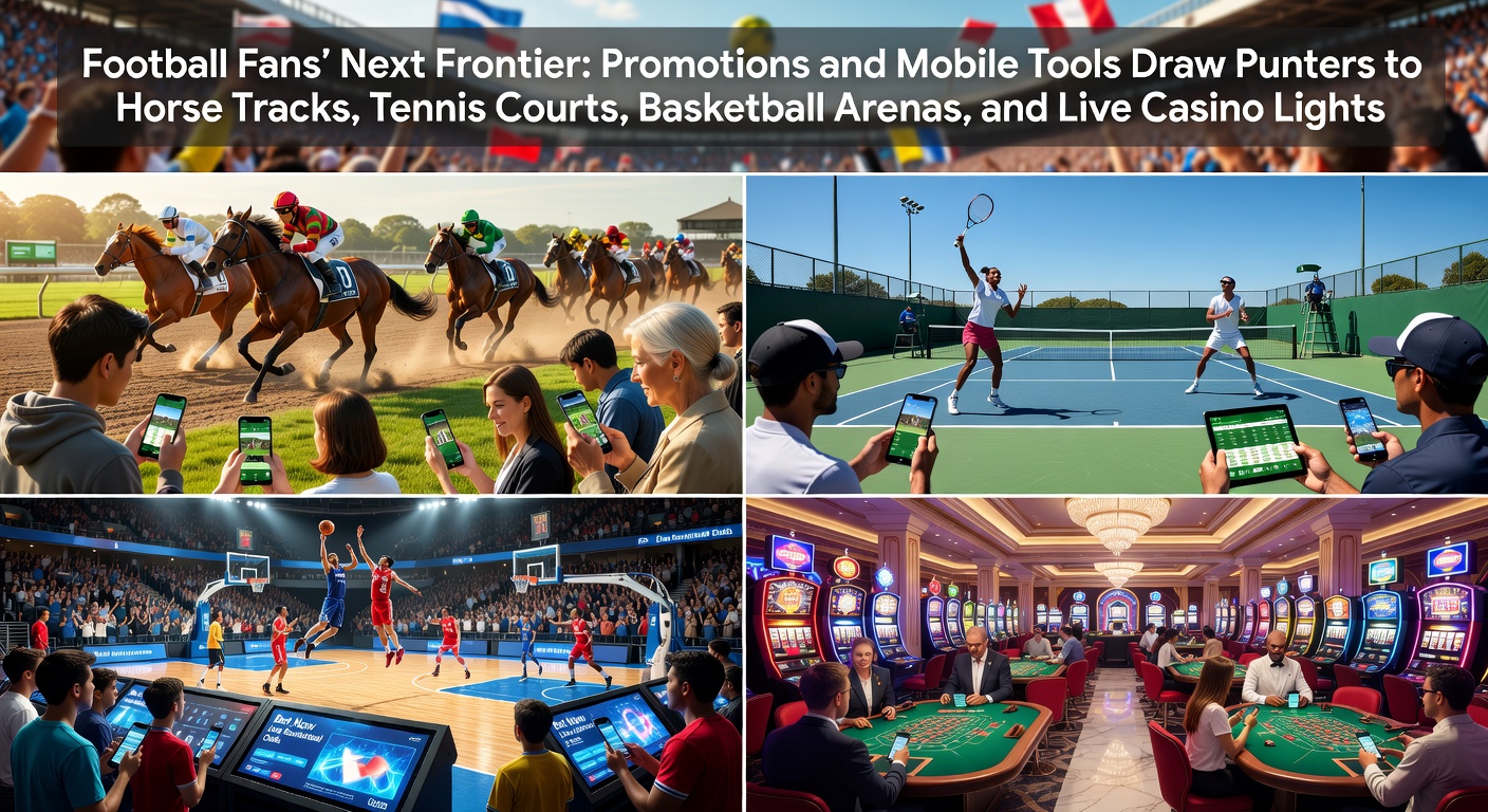 Crowd of football fans cheering at a match, transitioning to horse racing scenes with mobile phones in hand showing betting apps