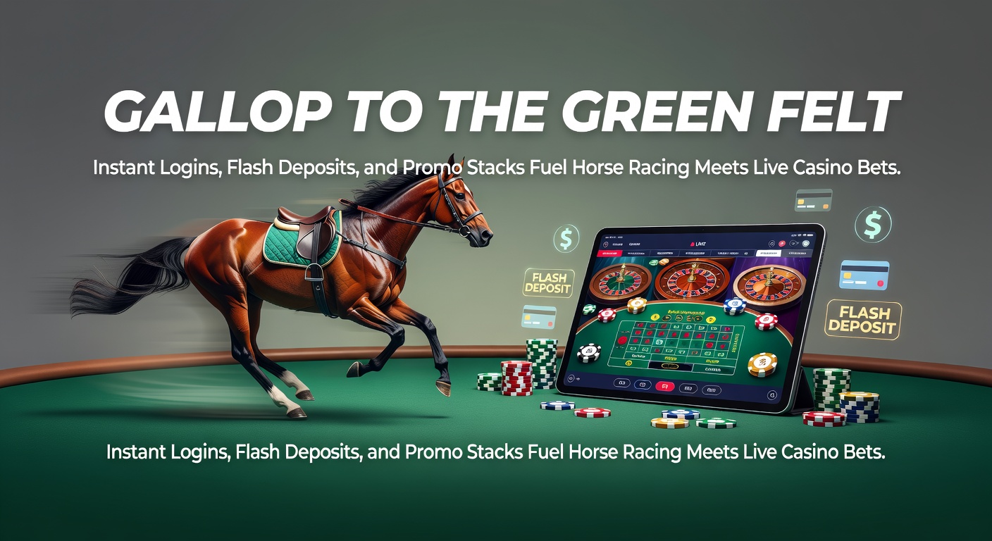Horse racing track transitioning to a vibrant live casino table with digital overlays showing quick login screens and bonus notifications