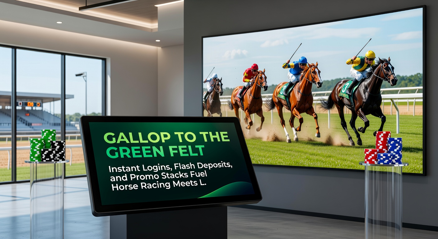 Dynamic split-screen showing a horse galloping past the finish line while a live dealer spins a roulette wheel, with instant deposit notifications and stacked promo icons overlayed