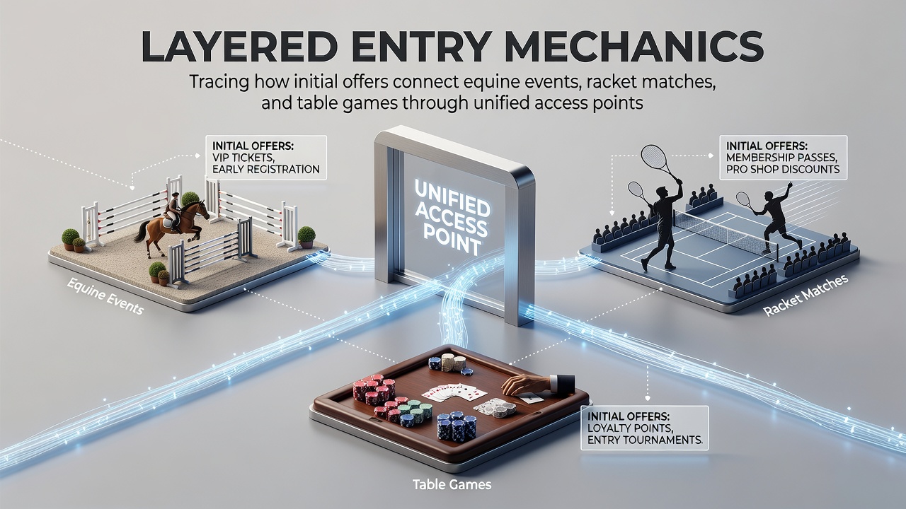 Illustration of layered entry points linking equine events, racket sports, and table games on a unified betting interface