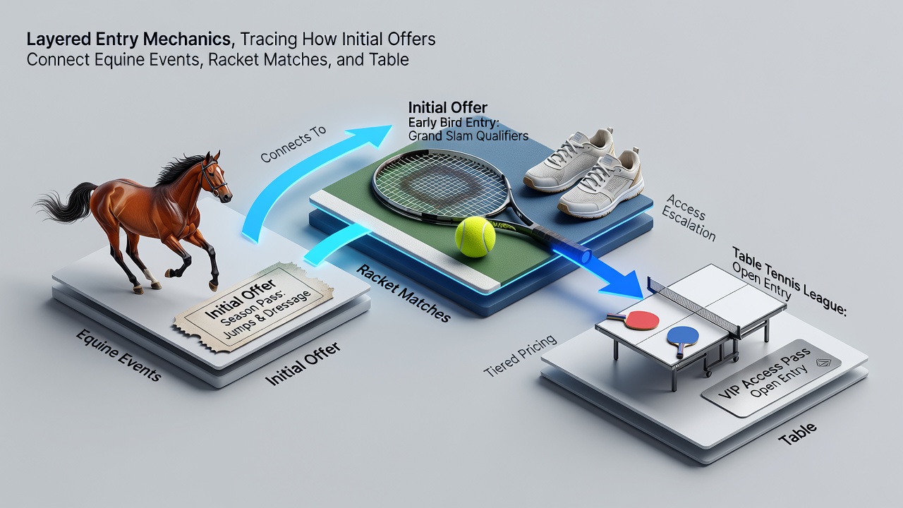 Flow diagram depicting progression from horse racing offers through tennis markets into casino table game sections via single account access