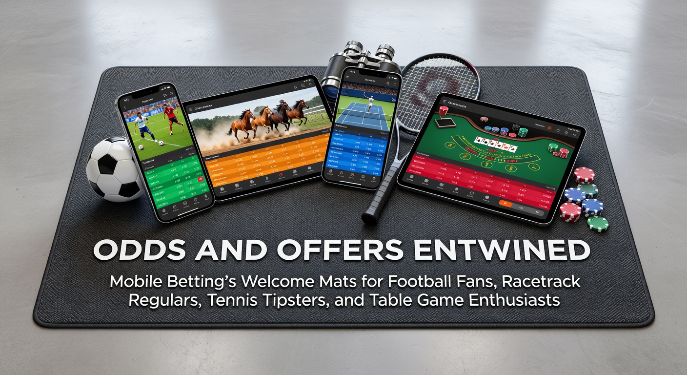 Mobile phone screen displaying intertwined betting odds and welcome bonus offers for football matches, horse races, tennis tournaments, and live table games, highlighting vibrant promotions and real-time lines