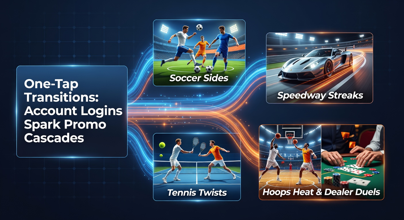 Bettor tapping phone screen to login, with cascading promo notifications overlaying soccer, racing, tennis, basketball, and casino icons