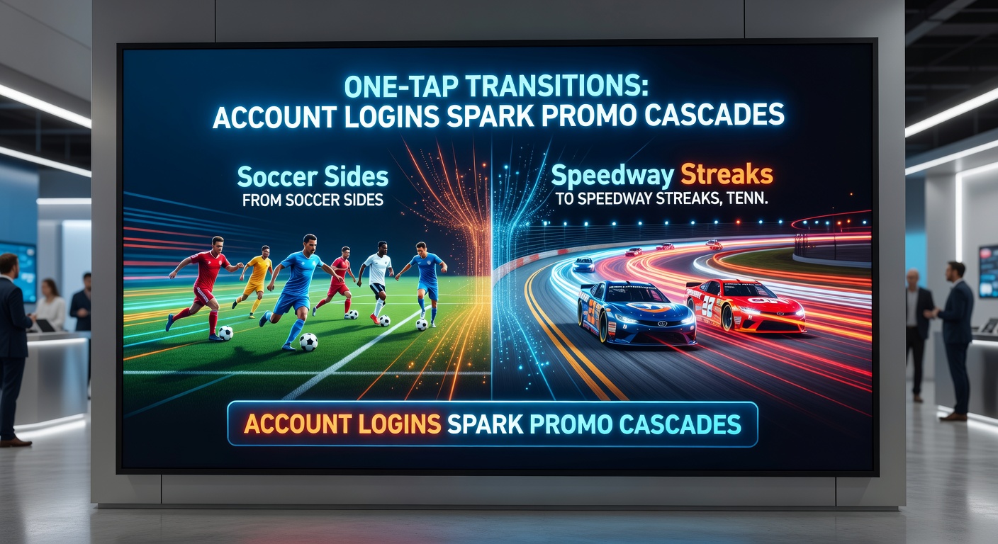 Montage of soccer pitch, speedway track, tennis court, basketball hoop, and live dealer table, connected by glowing promo arrows from a mobile login screen