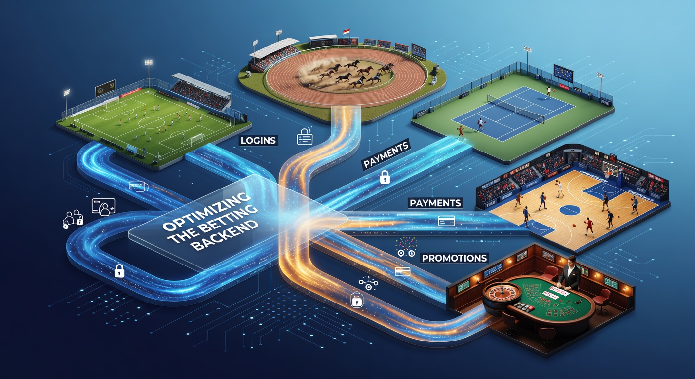 Digital dashboard showing seamless integration of betting interfaces across sports like football fields, horse racecourses, tennis courts, basketball arenas, and live dealer casino rooms, highlighting backend optimization elements such as login flows, payment gateways, and promotional engines