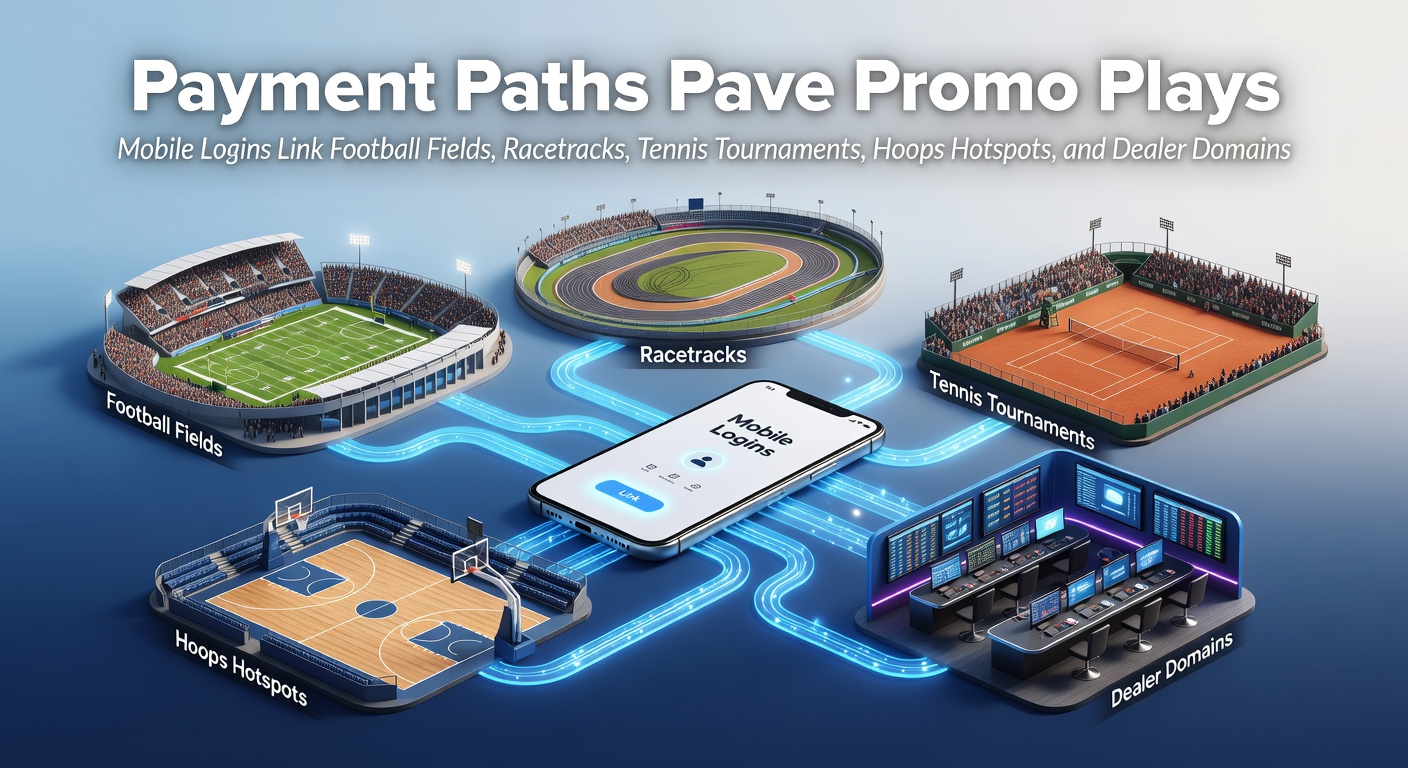 A dynamic split-screen showing a soccer stadium crowd, a horse racing track with thundering hooves, a tennis player mid-serve, a basketball hoop in action, and a live dealer at a blackjack table, all connected by glowing mobile payment icons.