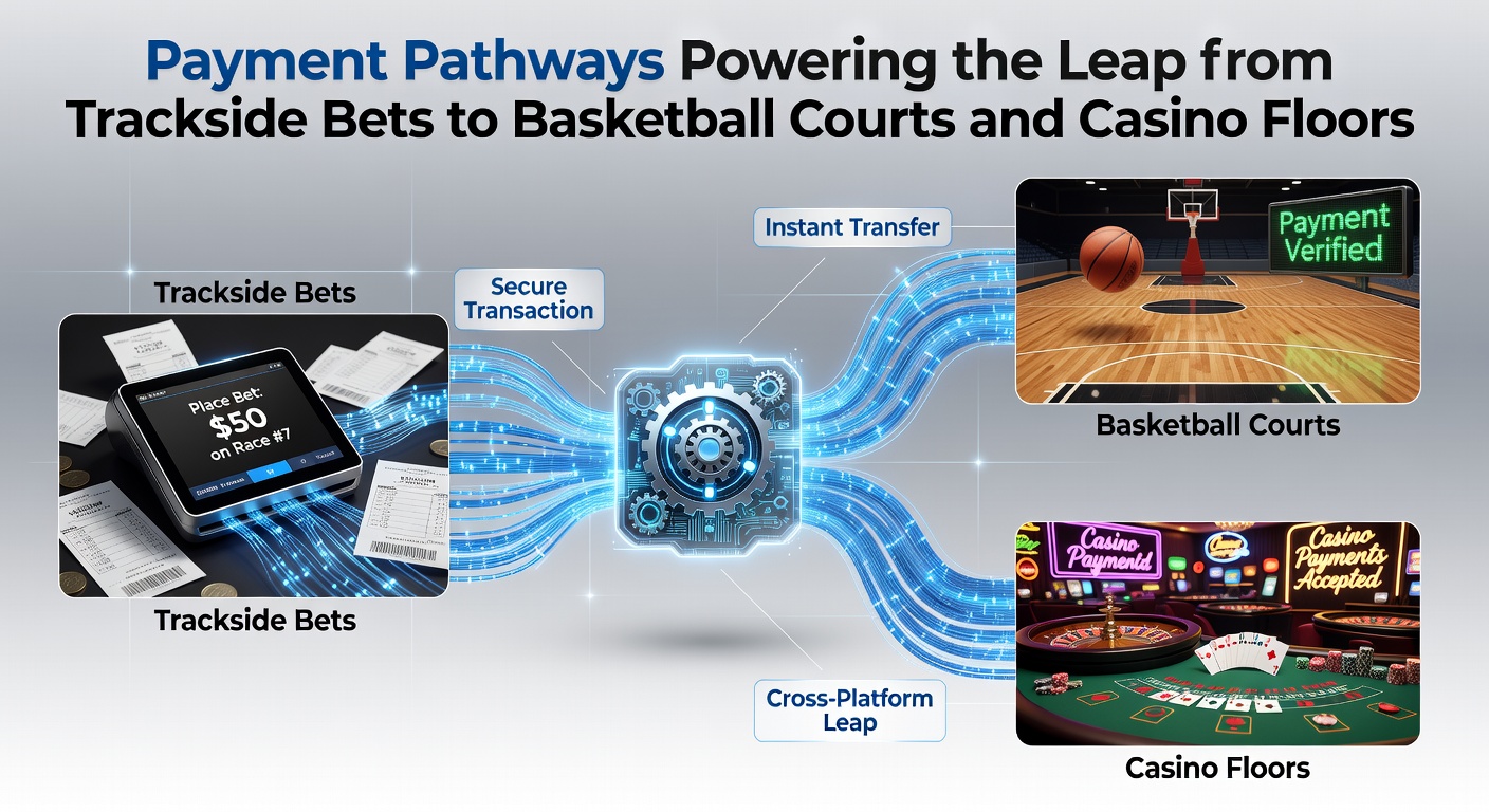 Payment systems connecting racetrack betting terminals with basketball arenas and casino gaming floors through digital transaction networks