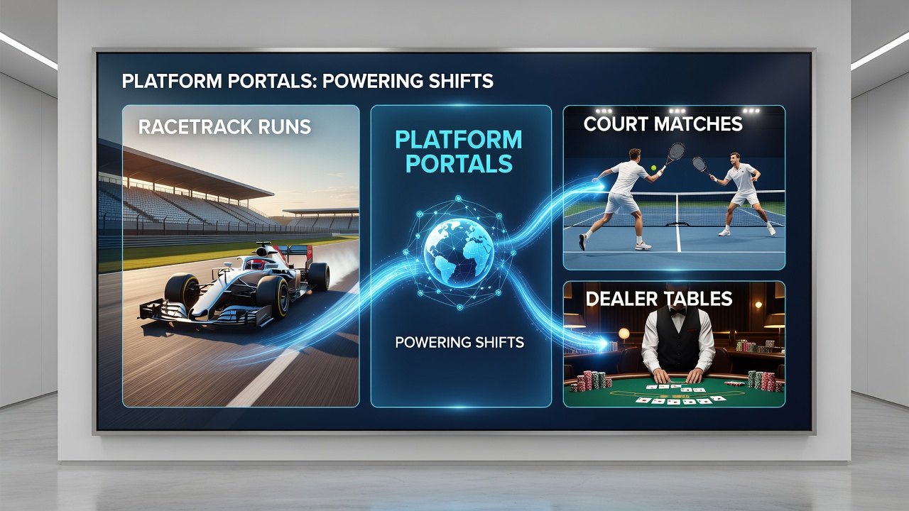Bettor using mobile device to switch between racetrack odds, tennis court matches, and dealer table games on one portal