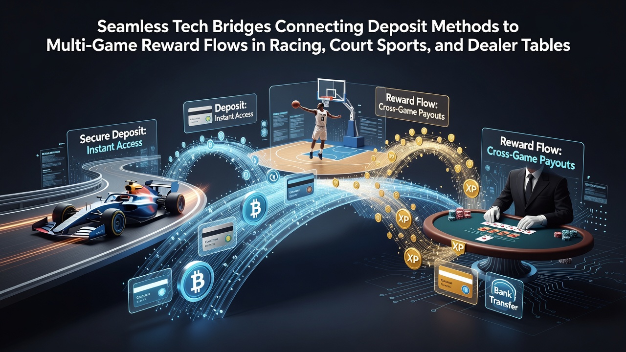 Digital interfaces showing connected deposit and reward systems across racing, sports, and casino platforms