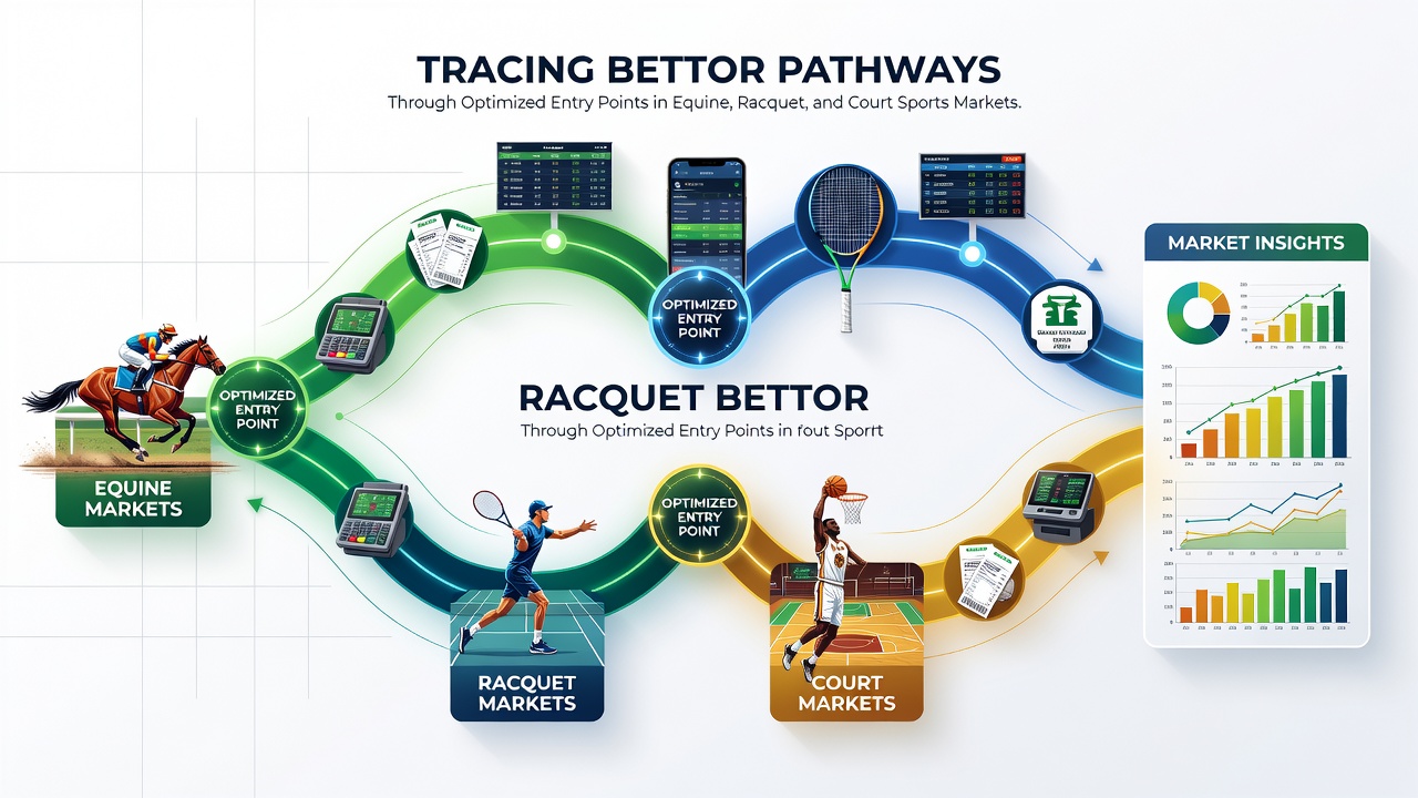 Flow diagram showing transitions from horse racing entry points into tennis and basketball betting interfaces
