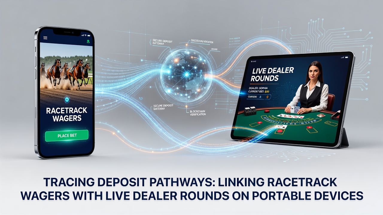 Mobile device displaying interconnected racetrack betting interface and live dealer casino table with deposit flow indicators