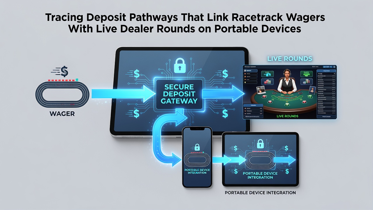 Flowchart style graphic showing deposit pathways from racetrack betting apps to live dealer casino rounds on smartphones with highlighted transaction nodes